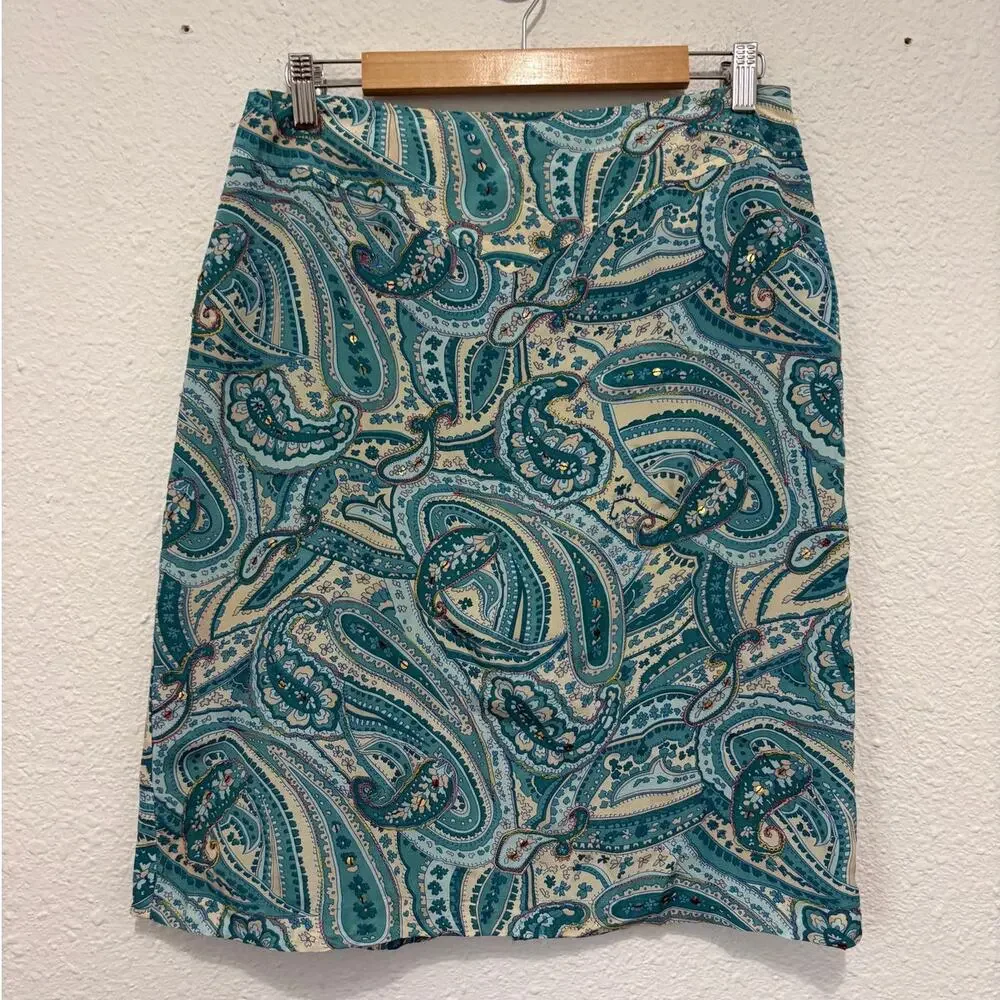 Vintage Paisley Silk Skirt Blue Teal Sequin Glam Euro Summer Cool Girl Y2K